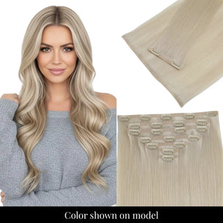 Full Shine blonde highlight injected PU clip ins smooth finish