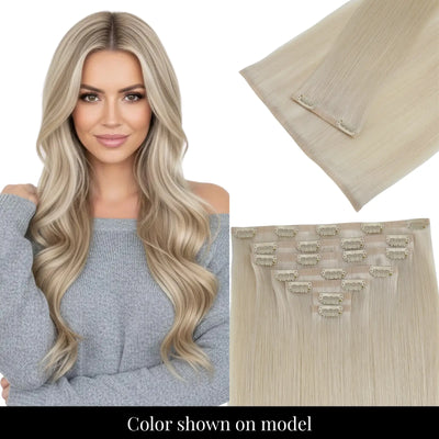Full Shine blonde highlight injected PU clip ins smooth finish