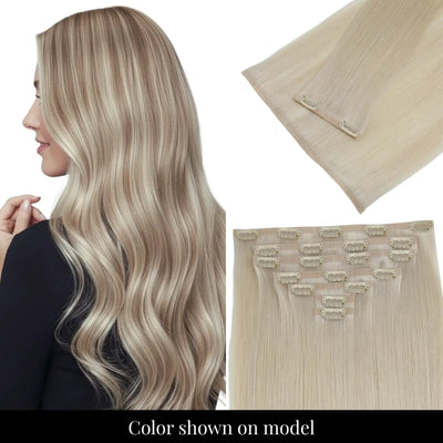 Full Shine blonde highlights injection PU clip in hair extensions