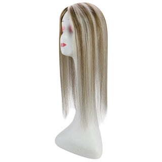 Full Shine blonde highlights hair topper with chunky highlights and virgin hair for a bright dimensional look.