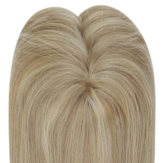 Full Shine blonde highlights hair topper creating a natural-looking hairstyle with added fullness and seamless blending.