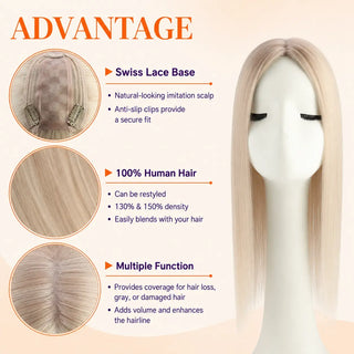 Full Shine blonde highlights real human hair topper featuring dimensional color, soft texture, and realistic appearance.