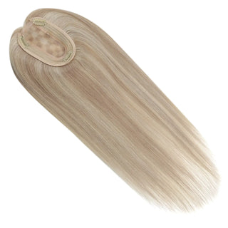 Full Shine blonde highlights human hair topper showing beautiful color dimension and natural hair enhancement.