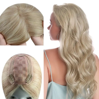 Full Shine blonde highlights hair topper with small base made from real human hair for natural volume and coverage.