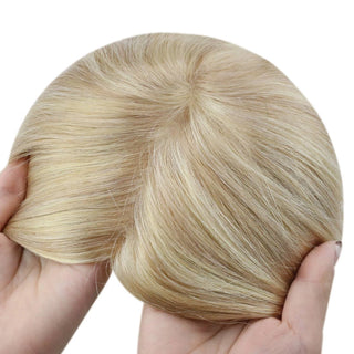 Full Shine blonde highlights human hair topper with a large mono base offers natural coverage and comfortable wear.