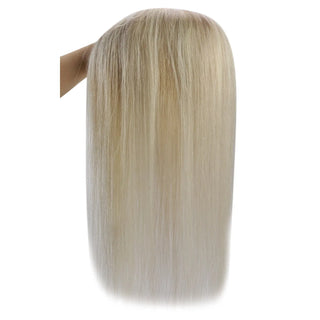 Full Shine blonde highlights medium base topper providing comfortable coverage and a natural-looking hairstyle.