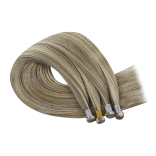 Full Shine Hybrid Weft Hair Extensions 100% Brazilian Virgin Hair, Balayage Blonde and Light Brown Highlights, Soft Silky Human Hair, Seamless Weft Extensions, Lightweight Comfortable Weft, Hand-Tied Weft Hair, Professional Salon-Quality Extensions, High-Density Volume Weft, Thick and Luxurious Hair Weft, Natural Looking Long-Lasting Hair Extensions