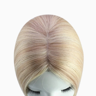 Full Shine blonde highlights small base topper providing seamless blending and a natural-looking hairstyle.