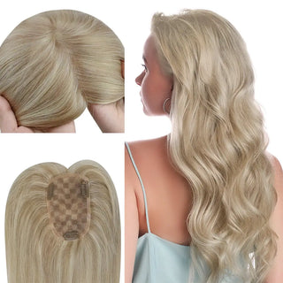 Full Shine blonde highlights virgin hair topper for women with a medium base mono base for natural blending.