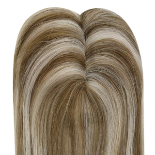 Full Shine blonde highlights virgin hair topper adding natural volume with beautiful color dimension.