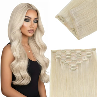 Full Shine bleach blonde genius PU clip in hair extensions with ultra-thin PU band.