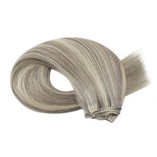 Full Shine blonde lowlights blend virgin hair weft extensions, premium Brazilian human hair for seamless natural blending.