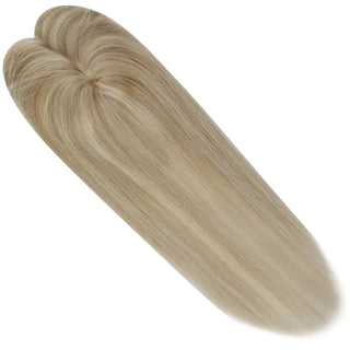 Full Shine blonde lowlights mono base hair topper with realistic scalp appearance and natural hair movement.