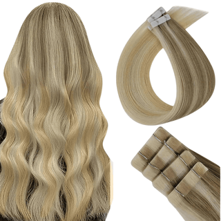 Full Shine blonde lowlights ombre injection tape in hair extensions made with virgin hair, creating a natural color transition and seamless blend.