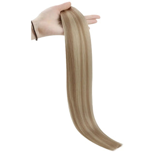 Full Shine sun-kissed blonde lowlights virgin weft hair extensions, premium Brazilian human hair for soft dimensional salon blending.