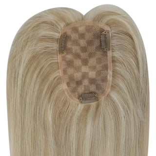 Full Shine blonde lowlights virgin hair topper with dimensional color and natural movement for women.