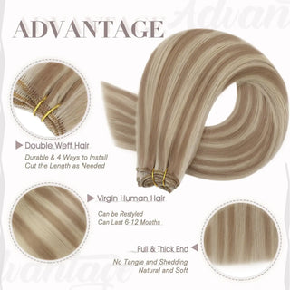 Full Shine blonde lowlights virgin hair weft extensions, smooth Brazilian human hair for dimensional and natural salon blending.