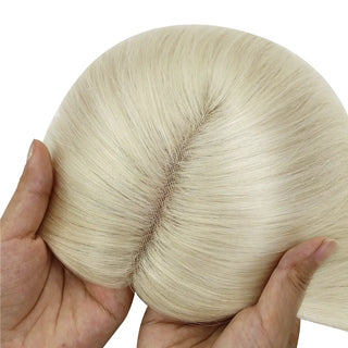 Full Shine blonde medium base hair topper made with virgin hair for natural volume and comfortable coverage.