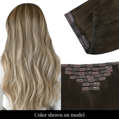 Discreet thin-PU balayage brown Full Shine clip in extensions.