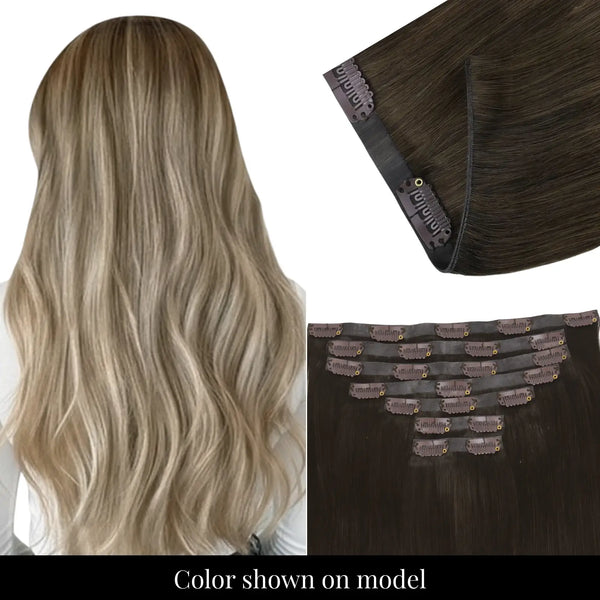 Discreet thin-PU balayage brown Full Shine clip in extensions.