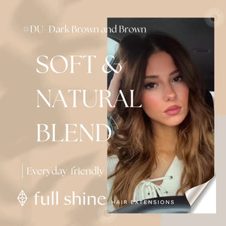 Full Shine brown balayage injection tape in hair extensions made with virgin hair, creating a natural blend with seamless tape application.