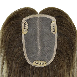 Full Shine brown balayage medium base topper providing comfortable coverage and a realistic hair appearance.