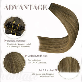 Full Shine virgin hair weft extensions in brown balayage tones, smooth Brazilian human hair for salon-quality natural blending results.