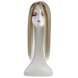 Full Shine brown lowlights hair topper with chunky highlights and virgin hair for dimensional natural color.