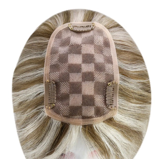 Full Shine brown lowlights virgin hair topper with dimensional color and natural blending for women.