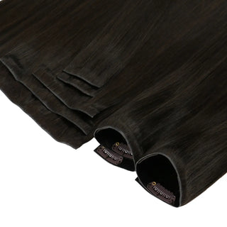 FullShine seamless brown clip in extensions create the perfect blend, adding natural thickness and volume to your hair.