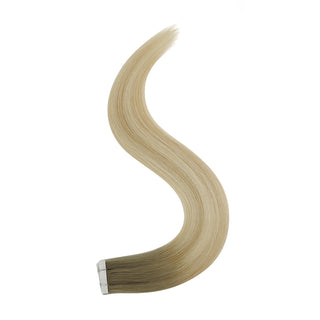 Full Shine brown to blonde ombre injection tape in hair extensions made with virgin hair, creating a smooth color transition and natural blend.