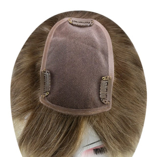 Full Shine brown to blonde ombre medium base topper providing comfortable coverage and a realistic appearance.
