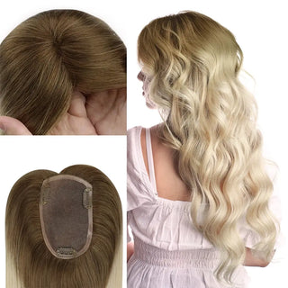 Full Shine brown to blonde ombre virgin hair topper for women with a medium base mono base for natural blending.