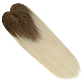 Full Shine brown to blonde virgin hair topper showing soft texture, natural shine, and premium human hair quality.