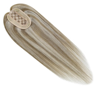 Full Shine chunky highlights human hair topper worn for a fuller hairstyle with natural movement.
