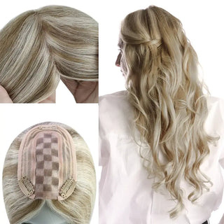 Full Shine chunky highlights hair topper with small base and real human hair for natural volume and dimensional color.
