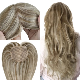 Full Shine Remy human hair topper in chunky highlights color with a mono base for a natural and seamless look.