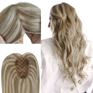 Full Shine chunky highlights virgin hair topper for women with a medium base mono base for natural blending.