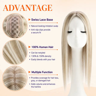 Full Shine chunky highlights real human hair topper showing bold color dimension and natural hair texture.
