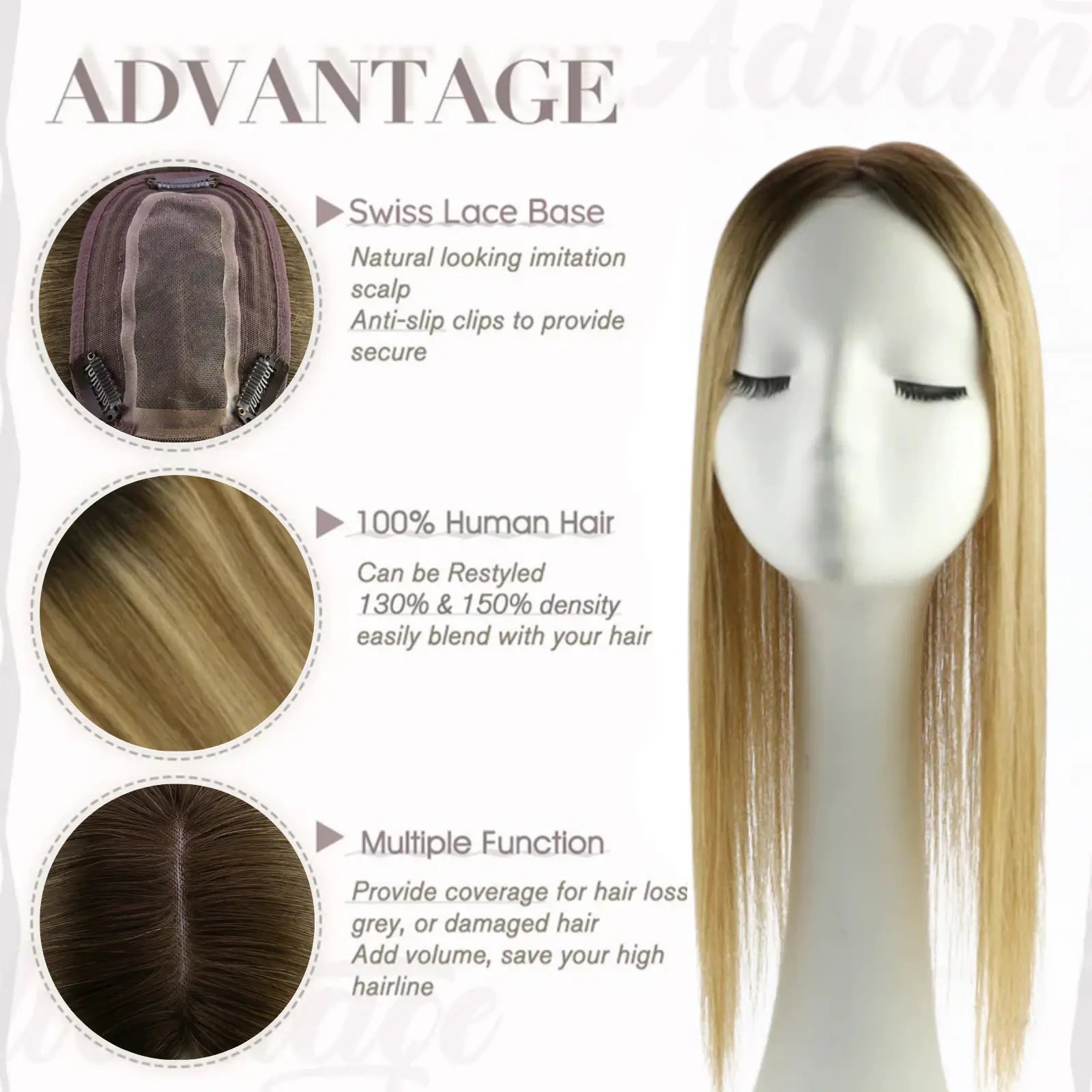 Human hair blend ash golded blonde natural straight top topper hair ex… Human Hair Toppers For Women With Thinning Hair | Ash Blonde  main image 2