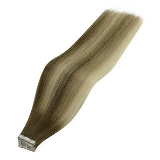 Full Shine cool brown balayage injection tape hair extensions with an invisible tape design for a flat and natural appearance.