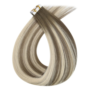 Full Shine cool brown balayage injection tape in hair extensions made with virgin hair, creating a natural blend with seamless tape application.
