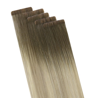 Full Shine cool brown to blonde tape in hair extensions with injection technology, made from virgin hair for smooth movement.