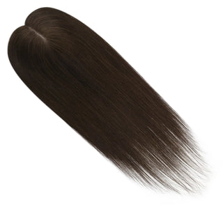 Full Shine dark brown hair topper after wearing, creating fuller hair with natural movement and beautiful coverage.