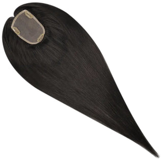 Full Shine dark brown hair topper creating a natural-looking hairstyle with added fullness and seamless blending.
