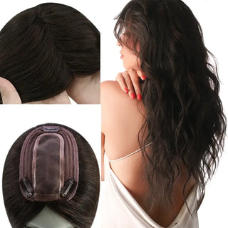 Full Shine dark brown hair topper with small base made from real human hair for natural coverage and volume.