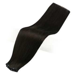Full Shine dark brown genius weft virgin hair extensions for smooth salon result and natural blending effect.