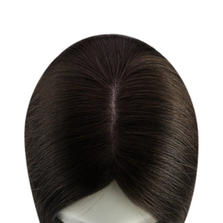 Full Shine dark brown small base topper offering a seamless blend and natural-looking hairstyle.