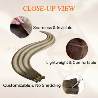 Full Shine Hybrid Weft Hair Extensions, Virgin Hair, Ombre Brown to Blonde Balayage, Invisible Weft Hair Extensions, High-Density Hair Weft, Soft and Tangle-Free Hair, Premium Hair Bundles, Thick Volume Hair, Heat-Stylable Weft Extensions, Long-Lasting Hair