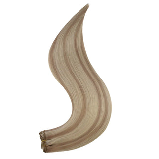Full Shine dimensional blonde lowlights virgin hair weft extensions, smooth Brazilian human hair for natural salon results.
